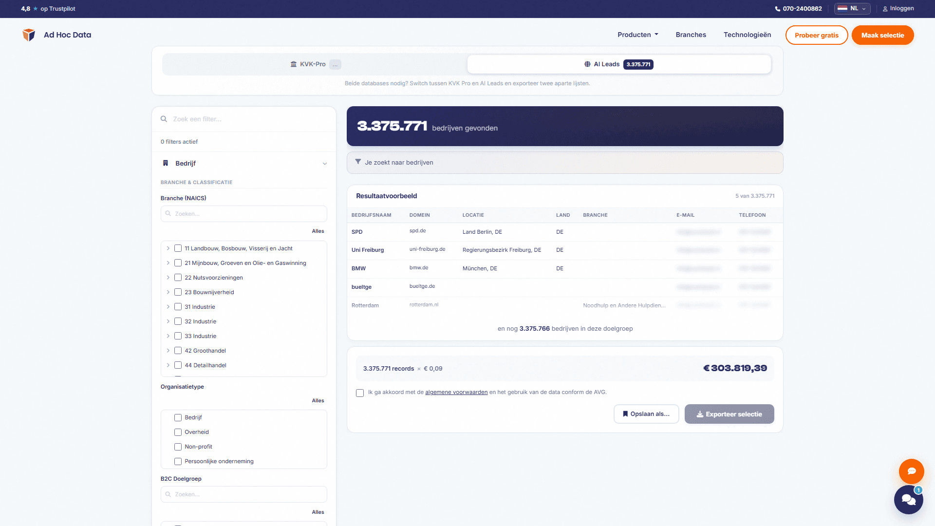 AI Leads selection tool with live count of 3.4 million companies