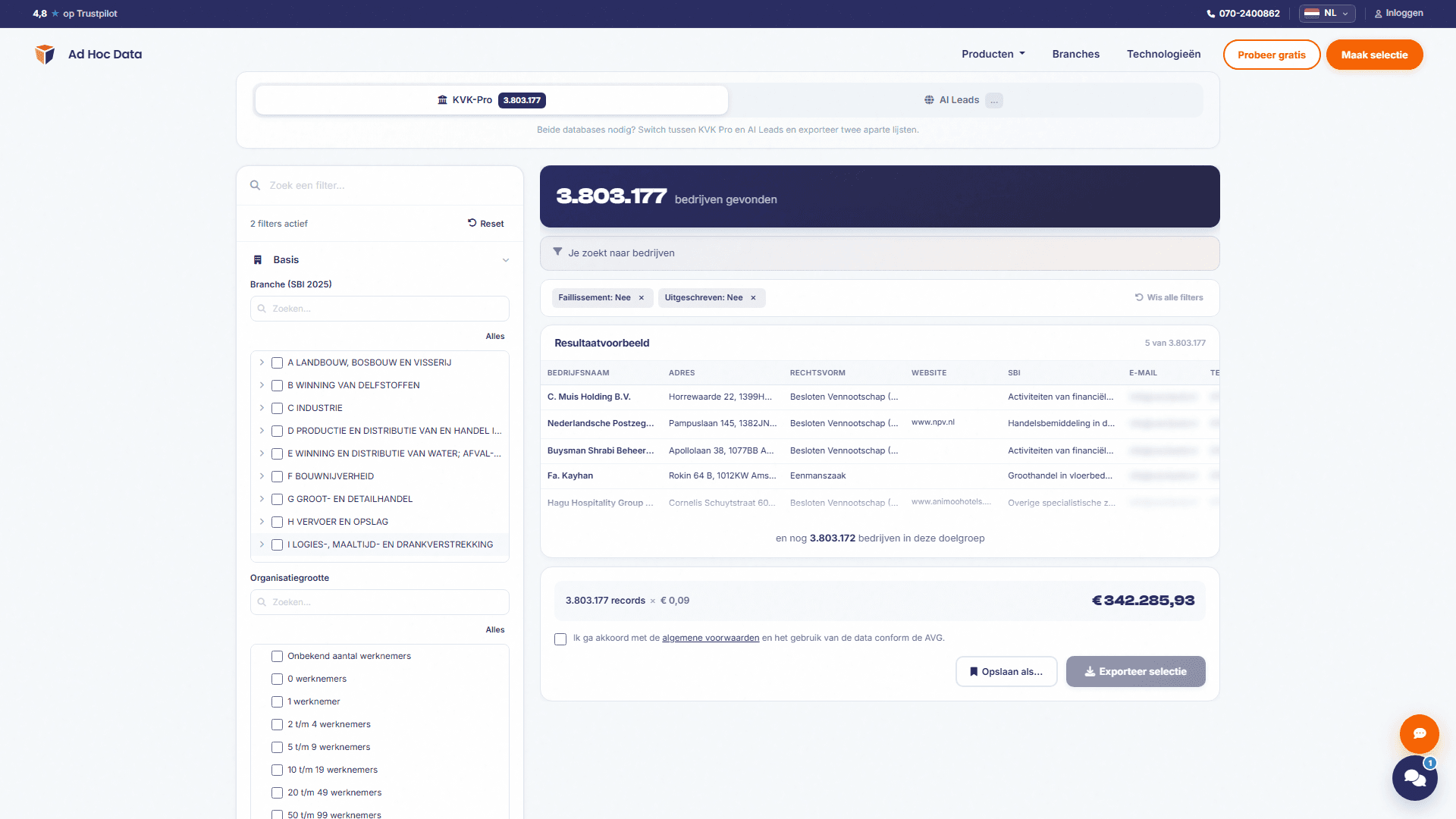 KVK Pro selection tool with live count of 3.8 million companies